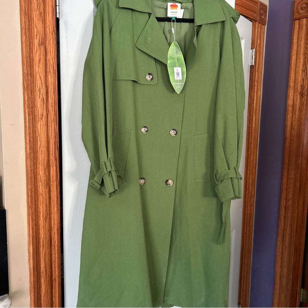 New Farm Rio Cotton-Blend Double Breasted Trench Coat In Green Size S $295 Rain